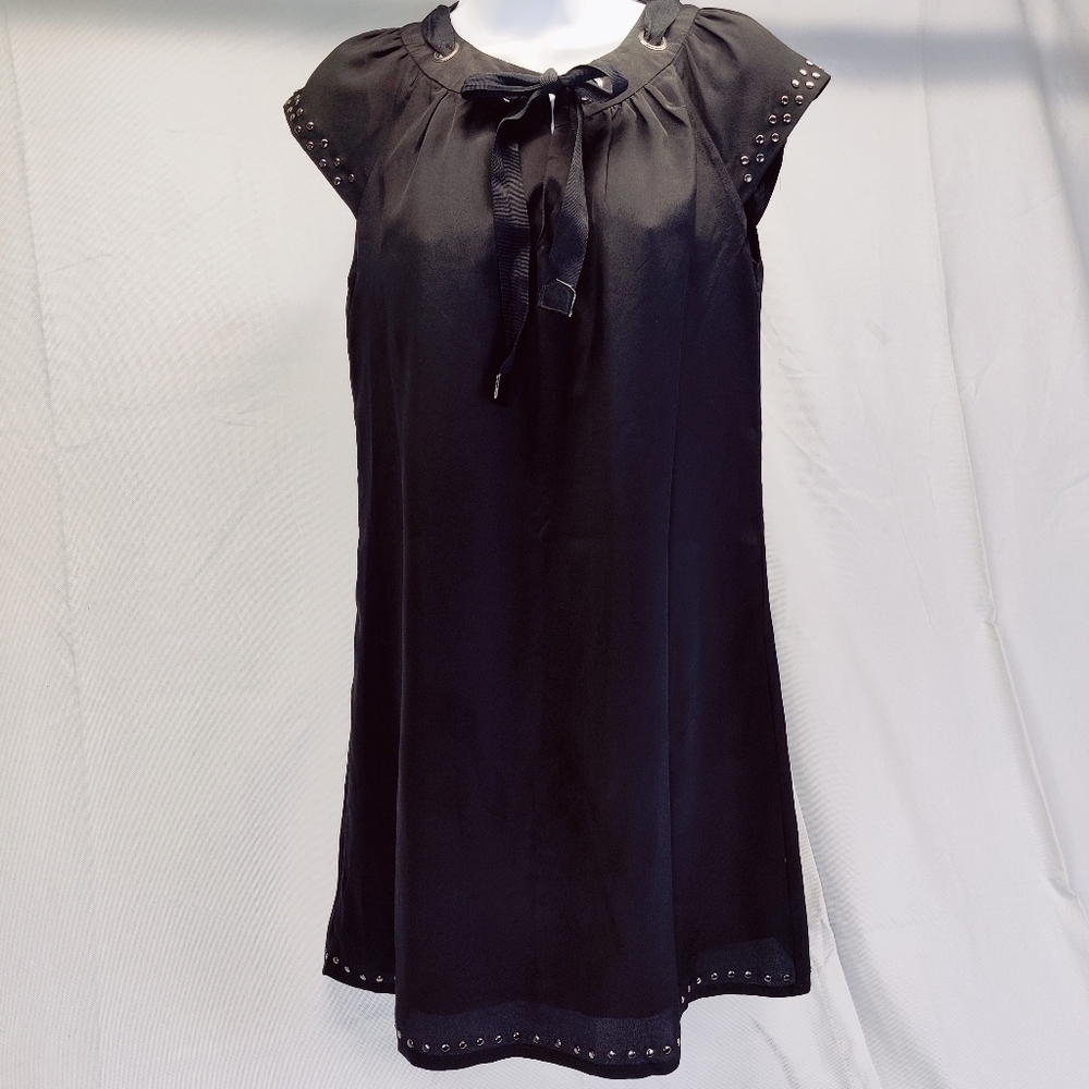 Staccato Black Silky Dress Cap Sleeve Above Knee Laced Tie Bow Collar Studs - Picture 2 of 16